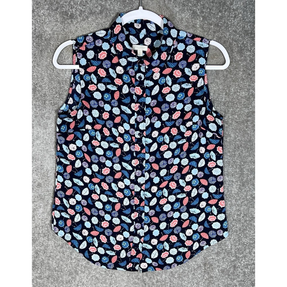 Talbots Umbrella Print Button Up Top Womens Sz Small Petite SP Blue Sleeveless